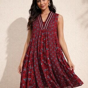 April Cornell Red Floral Cotton Boho Prairie Dress Sleeveless Size Medium